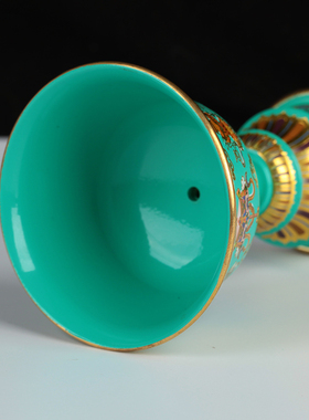 彩绘纯铜酥油灯藏式八吉祥长明灯莲花款灯座供奉藏式佛前供灯烛台