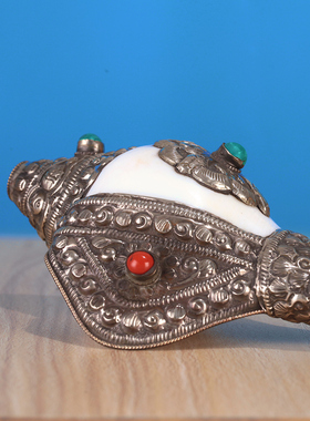 尼泊尔白海螺家用摆件手工包铜