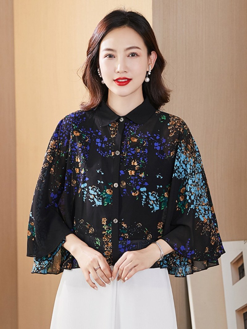 夏季新款斗篷外套妈妈装短款外套系扣开衫外搭披肩雪纺印花防晒衣,淘宝优惠券,粉丝福利购,淘宝优惠卷