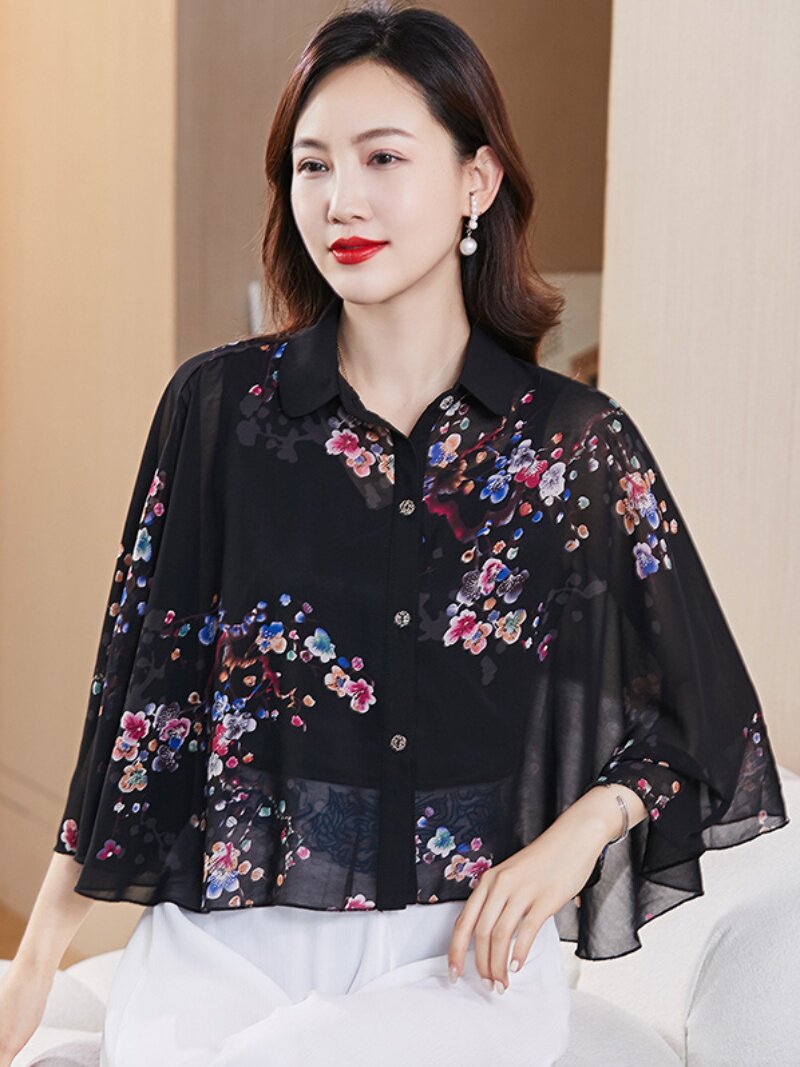 夏季新款斗篷外套妈妈装短款外套系扣开衫外搭披肩雪纺印花防晒衣,淘宝优惠券,粉丝福利购,淘宝优惠卷