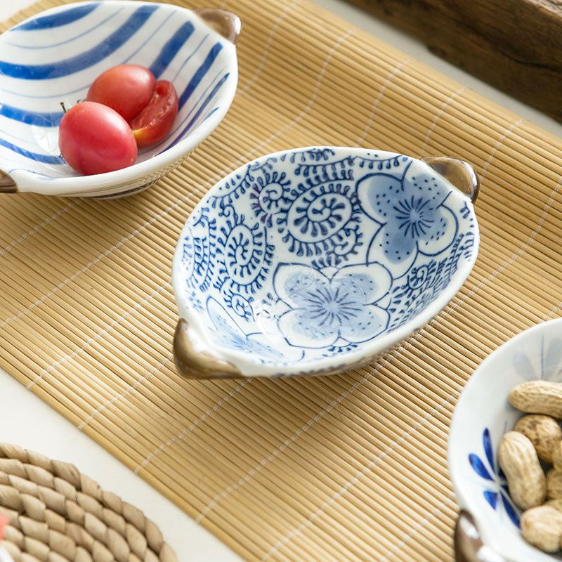 日式手绘釉下彩水果盘陶瓷小吃碗沙拉碗创意和风双耳蘸碟套装 - 图2