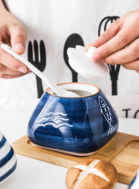 创意手绘釉下彩日式陶瓷调味罐套装厨房调料罐盐罐饭馆家用调味盒