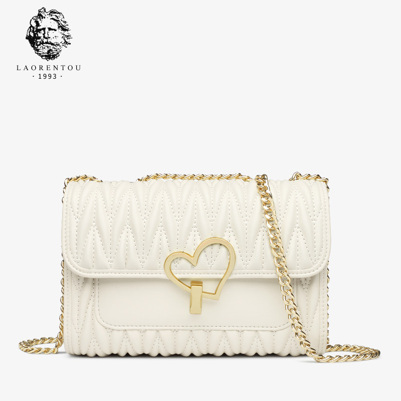 秋冬白色真皮百搭2021潮链条小包包 老人头箱包女士包袋