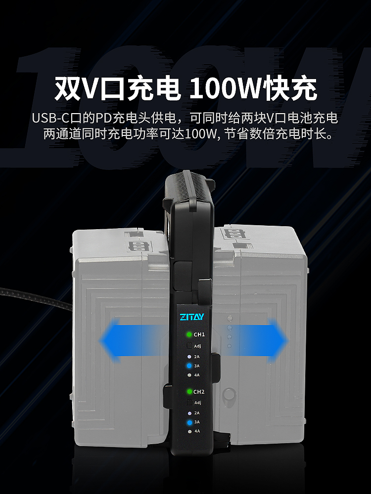 ZITAY希铁V口电池双通道智能充电器PD 100W快充广播级摄像机监视 - 图2