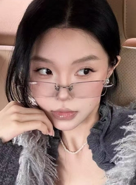 无框方形镶钻女太阳镜装饰平光镜