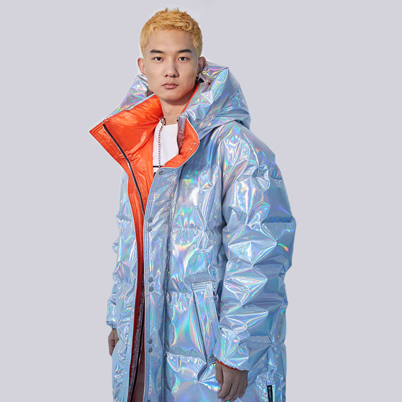 Tsaiyu12原创新款羽绒服男银色炫彩亮面长款羽绒服男冬季