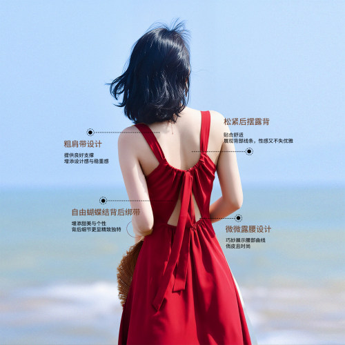 红色连衣裙女夏季超仙的长裙性感露背沙滩裙三亚海边度假吊带裙子 - 图2