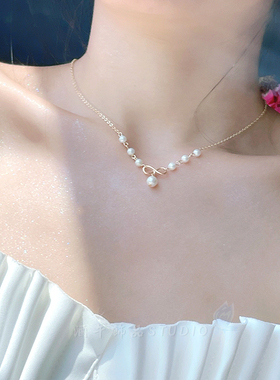 酒午珍珠蝴蝶结项链锁骨链原创
