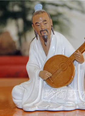 雕塑石湾公仔艺术风高档作品抚琴