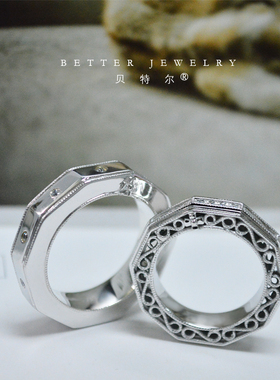 纯银镀18k白金宫廷风情侣戒指