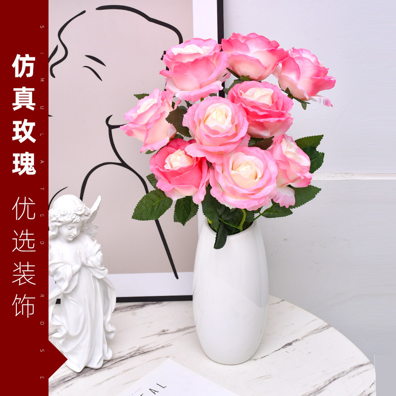 玫瑰花仿真花情人节塑料假花装饰家居摆件插花瓶干花枝摆设把花束