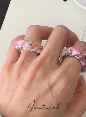 Amotional/马海毛织物戒指缠绕彩色原创装饰不锈钢指环戒指小众