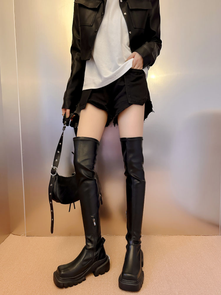 欧洲站方糖过膝靴女2023新款粗腿弹力真皮厚底长筒靴潮显瘦百搭 - 图0