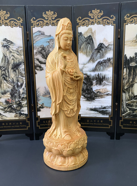 崖柏木雕站莲南海观音菩萨手持如意轮佛像实木摆件家居寺庙供奉