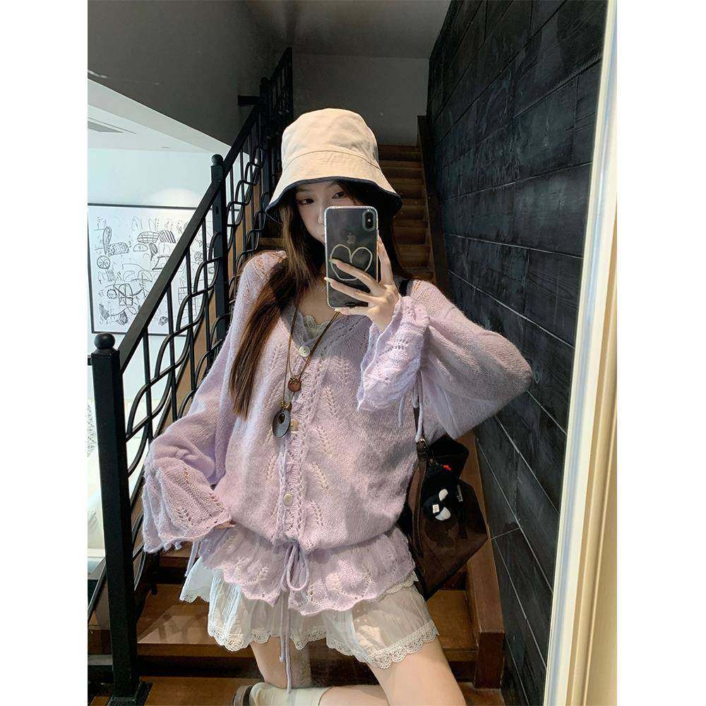 紫色钩花镂空v领针织衫女秋冬设计感抽绳系带宽松喇叭袖毛衣开衫,淘宝优惠券,粉丝福利购,淘宝优惠卷