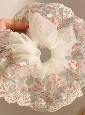 粉色碎花网纱大肠发圈女超大号高级感慵懒风头绳发饰丸子头百搭