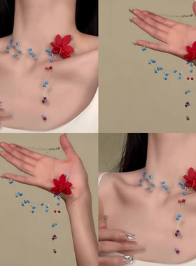 【明媚少女】春夏日多巴胺花朵项链蓝色串珠choker巨显白蓝红锁骨