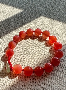 蜜桃玛瑙和田玉平安扣红绳手链