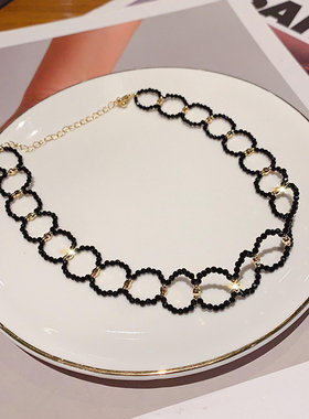 春夏新款水晶项链锁骨链黑色串珠精致高级时尚百搭配饰小众高级感