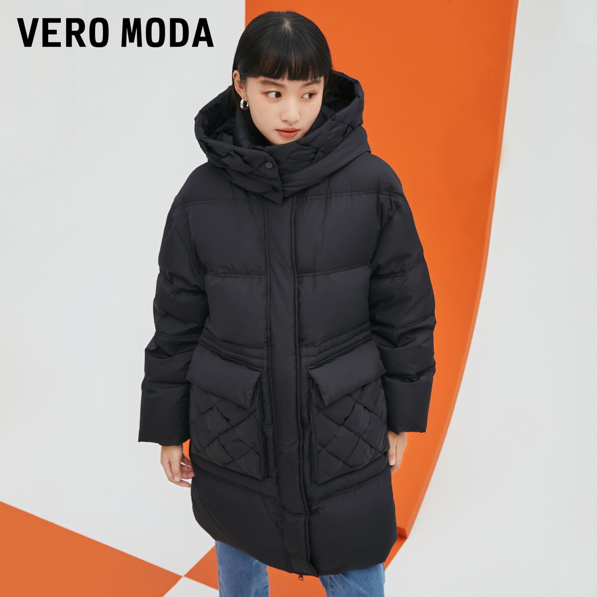 t区绫致Vero Moda2023秋冬白鸭绒90%短款收腰连帽甜美羽绒服女