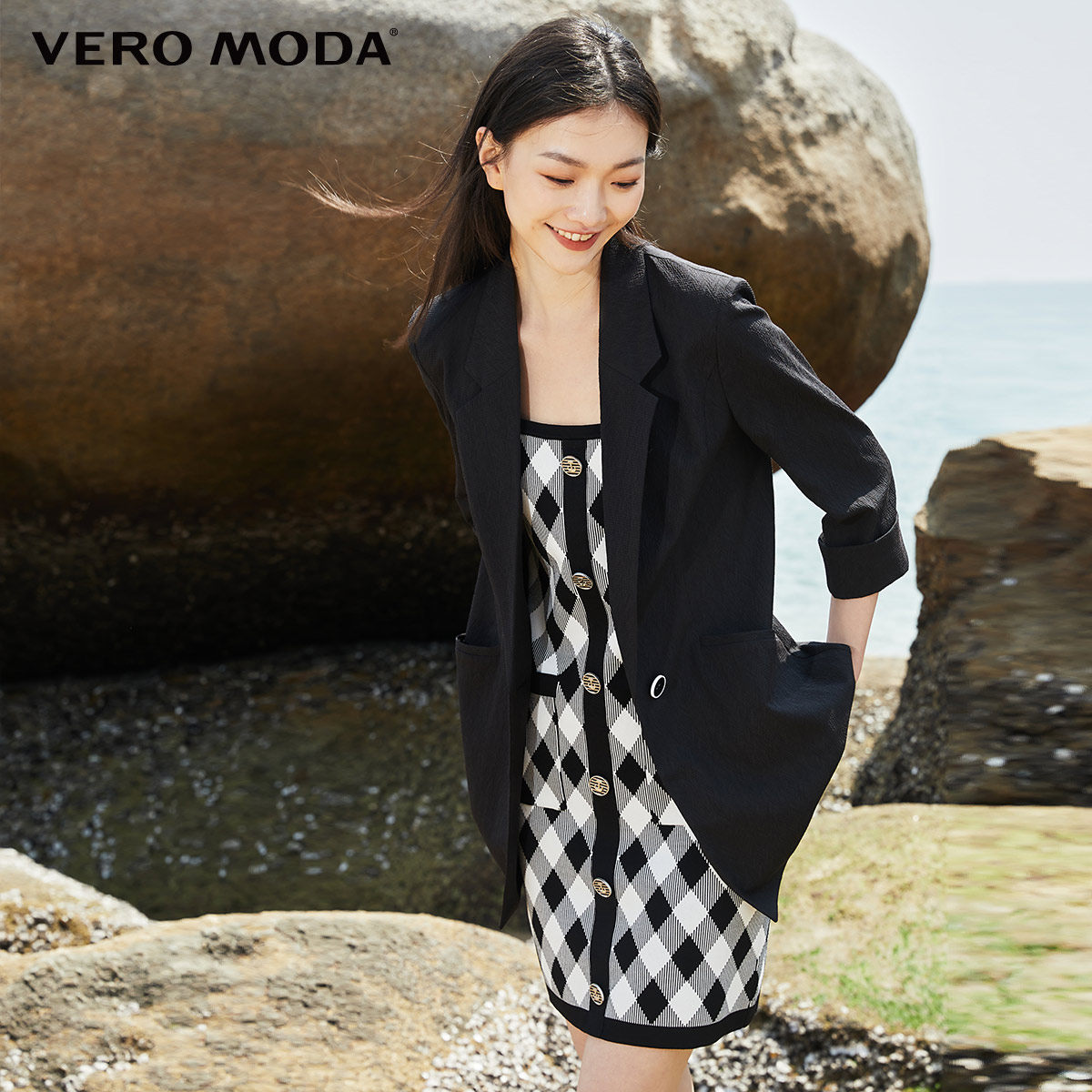 VeroModa适复古白色垫肩西装外套