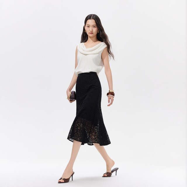 Vq zone Ayazhi Vero Moda skirt 26 summer solid color lace elastic waistband lined fishtail mid-length skirt