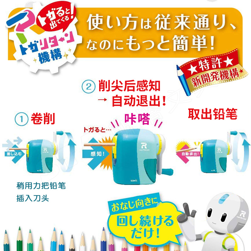 日本SONIC索尼克自动进笔防过渡卷削 削尖退笔可削彩铅手摇削笔器 儿童学生易操作不伤手卷笔刀 - 图2