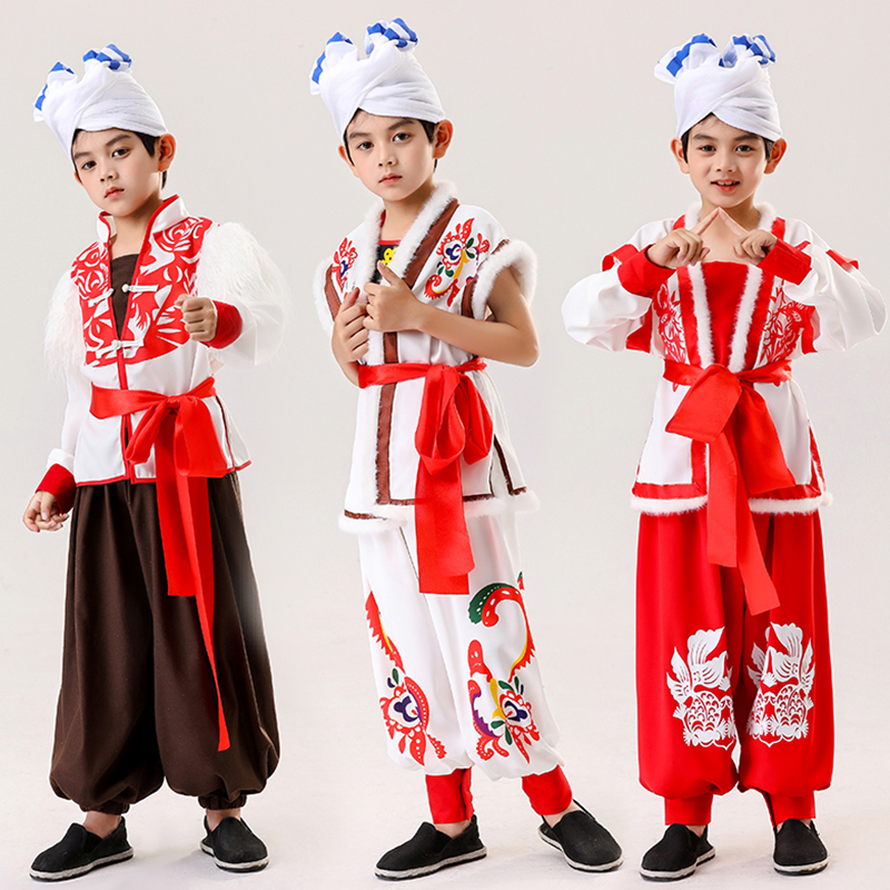 儿童安塞腰鼓服装陕西北民歌风表演出服中小学生秧歌打鼓舞蹈服饰 - 图0