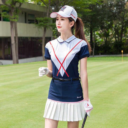 夏季高尔夫球服装 运动球服 女款短袖T恤V领运动休闲Polo衫上衣