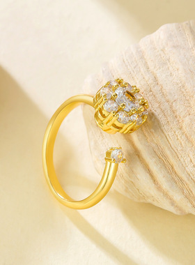 网红同款简约微镶满钻锆石圆形旋转开口戒设计感小众女友礼物