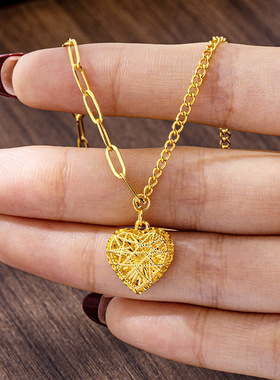 国潮越南沙金爱心项链轻奢风镂空桃心手链耳钉戒指套装设计感饰品