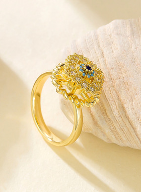 ins网红风恶魔之眼旋转戒指女 轻奢小众铜微镶锆石开口食指戒