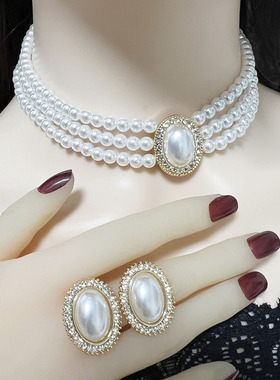 跨境法式幽雅礼服婚纱配饰闪钻轻奢小众感珍珠项链耳环套装
