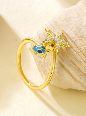 欧美热销海洋风微镶锆石海星戒指女气质百搭时尚轻奢滴油海龟戒指