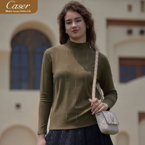 凯撒caser秋冬女士加厚暖姜绒满钻保暖上衣百搭打底衫BJ53-F568 - 图1