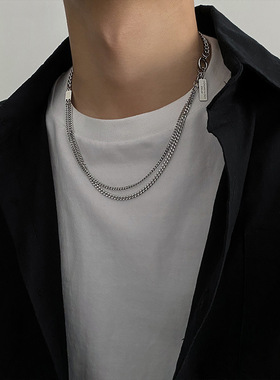 双层方块黑色项链男士潮嘻哈简约百搭锁骨链女潮搭配衣服钛钢街头