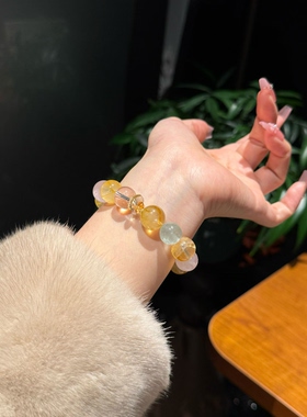天然黄胶花白水晶粉晶手链女款招财转运珠闺蜜礼物送女友闺蜜