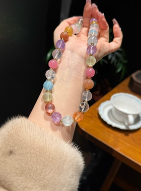 天然水晶多宝彩虹项链红胶花绿萤石紫晶云母黄水晶海蓝宝蔷薇