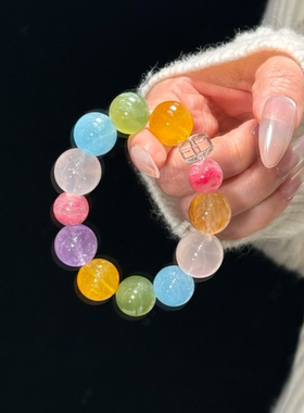 好运马卡龙粉晶蔷薇石紫晶黄萤青提海蓝宝红胶花多宝女神手串