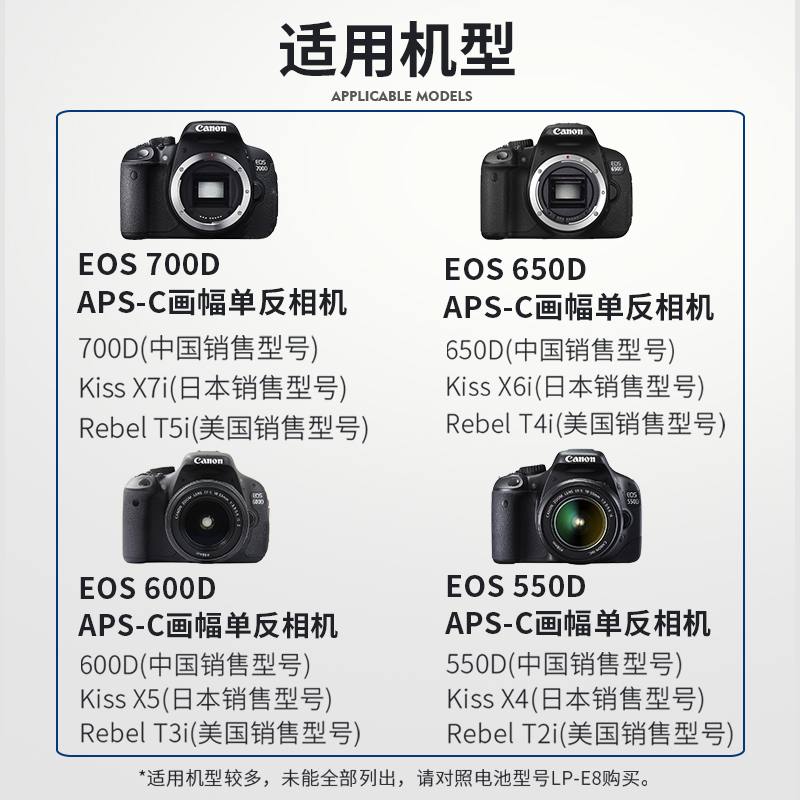 蒂森特LP-E8适用佳能EOS 700D 650D 600D 550D RebelT2i/T3i/T4i/T5i Kiss X5i X6i X7i X5 X4相机电池充电器 - 图2