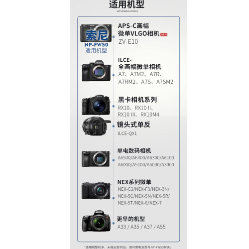 3C认证蒂森特NP-FW50相机电池 适用于索尼A6400 A6000 A5100 A7R2 A7M2 A7S2 ZV-E10 NEX-5T/7充电器 - 图2