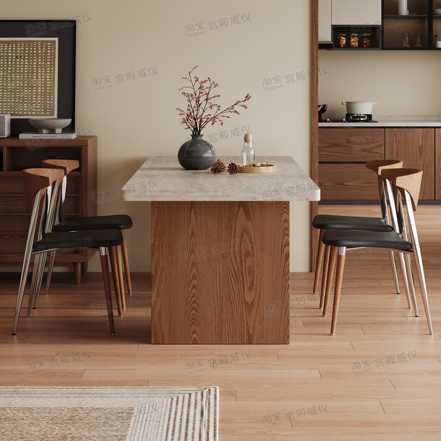 宫殿威仪洞石岩板餐桌实木长方形家用小户型桌中古风一桌四椅组合,淘宝优惠券,粉丝福利购,淘宝优惠卷