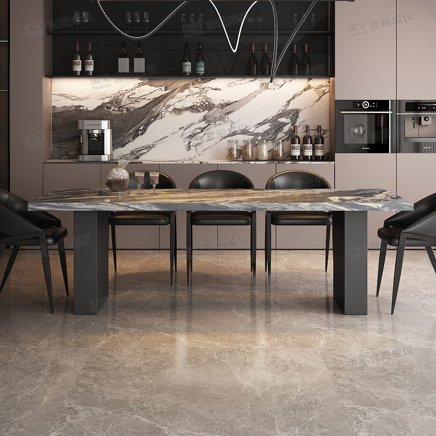 宫殿威仪意式极简全岩板餐桌长方形小户型高级客厅家用饭桌椅组合,淘宝优惠券,粉丝福利购,淘宝优惠卷