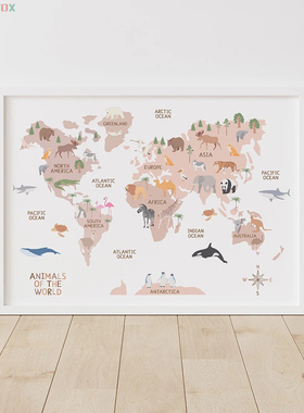 World Map Canvas Painting Pastel Animal Educational Posters