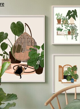 抽象绿植黑猫壁画油画美学海报