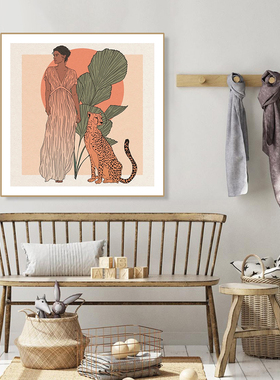 Square Poster Prints Boho Abstract Woman and Leopard Snake