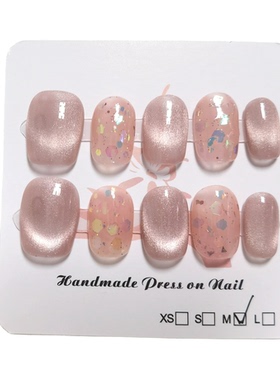 HC NAILS纯手工定制穿戴甲短圆短款温柔粉红闪粉夏日通勤美甲日常