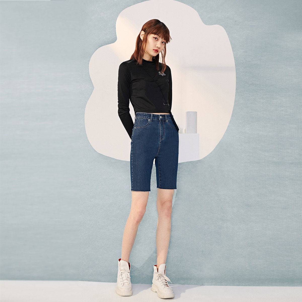 太平鸟高腰牛仔五分裤夏季骑行裤 太平鸟普埃拉牛仔裤