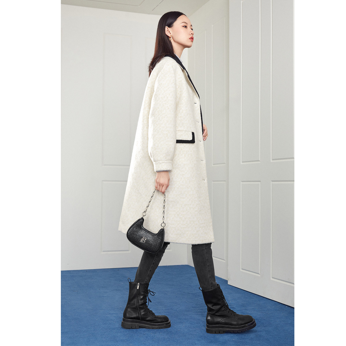 太平鸟米白拼色中长款2020毛呢大衣 太平鸟喜之乐毛呢外套