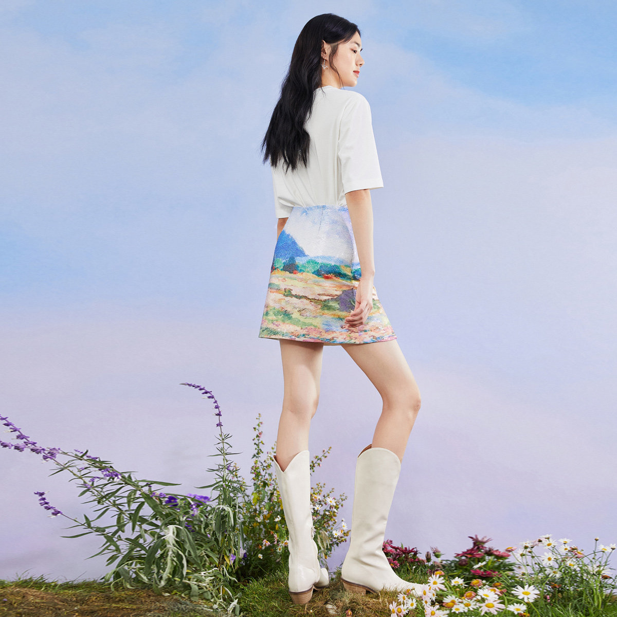 太平鸟高腰油画风珠片绣2020半身裙 太平鸟普埃拉半身裙